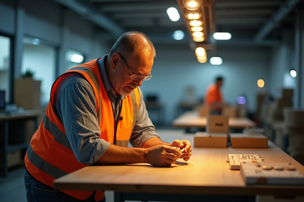 Interior de taller con luminarias enfocadas en puestos de trabajo